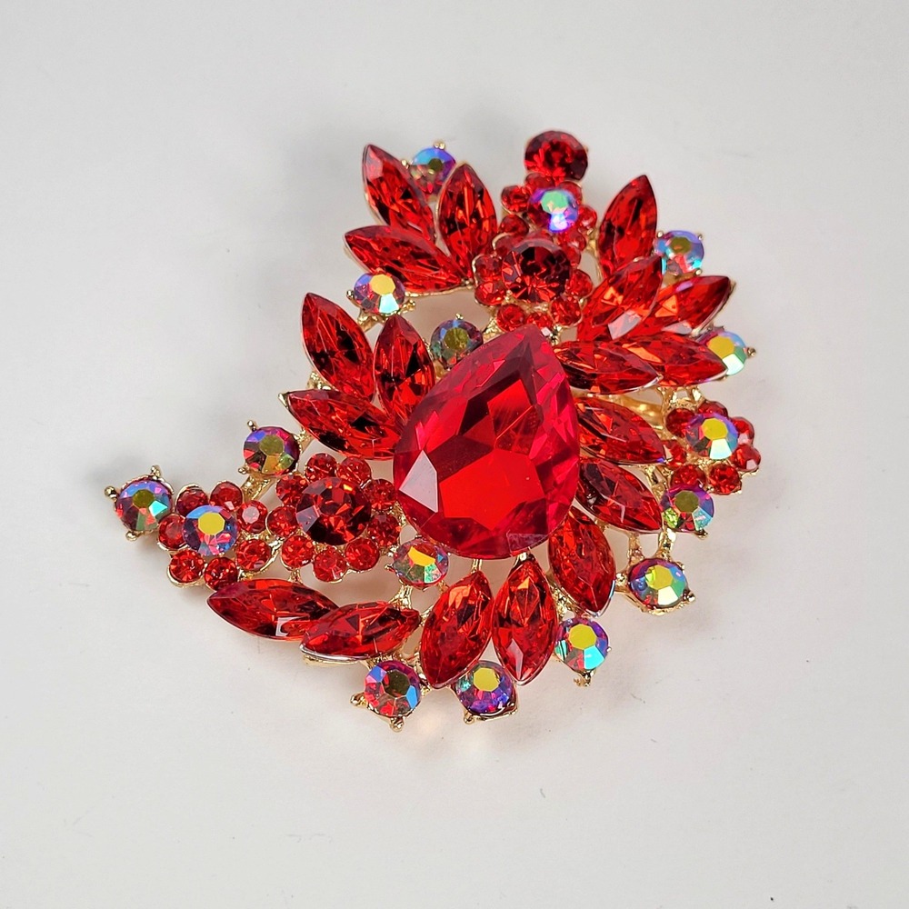 Large Red Rhinestone Brooch Gold Tone AB Crystal Floral Pendant Statement Pin